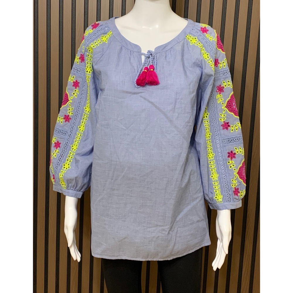 Talbots Women's Blue Cotton Embroidered Tassel Blouse Top L Floral Eyelet